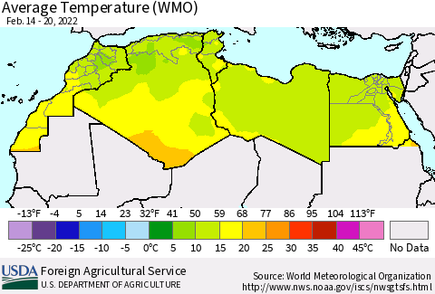 North Africa Average Temperature (WMO) Thematic Map For 2/14/2022 - 2/20/2022