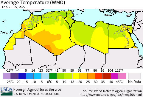 North Africa Average Temperature (WMO) Thematic Map For 2/21/2022 - 2/27/2022