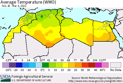 North Africa Average Temperature (WMO) Thematic Map For 2/28/2022 - 3/6/2022