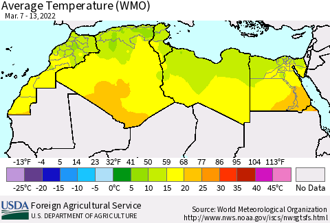 North Africa Average Temperature (WMO) Thematic Map For 3/7/2022 - 3/13/2022