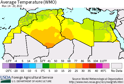 North Africa Average Temperature (WMO) Thematic Map For 3/14/2022 - 3/20/2022