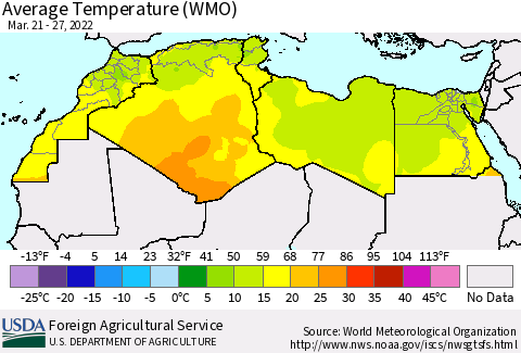 North Africa Average Temperature (WMO) Thematic Map For 3/21/2022 - 3/27/2022