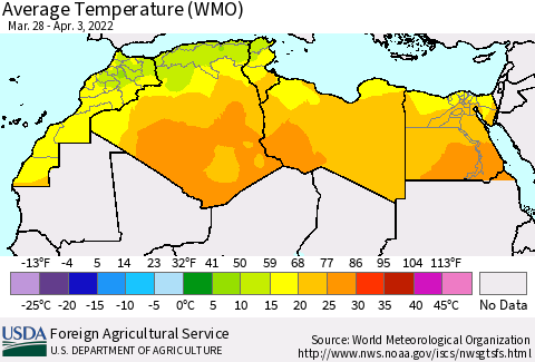 North Africa Average Temperature (WMO) Thematic Map For 3/28/2022 - 4/3/2022