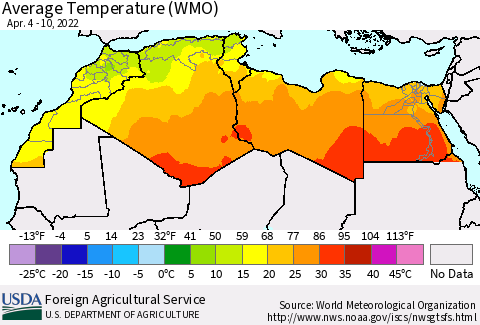 North Africa Average Temperature (WMO) Thematic Map For 4/4/2022 - 4/10/2022