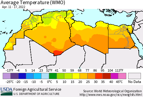North Africa Average Temperature (WMO) Thematic Map For 4/11/2022 - 4/17/2022