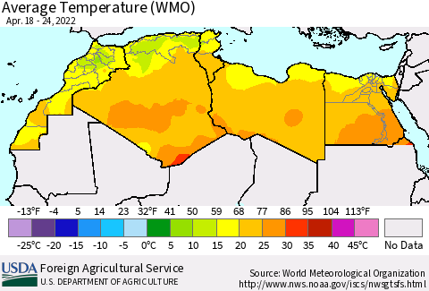 North Africa Average Temperature (WMO) Thematic Map For 4/18/2022 - 4/24/2022