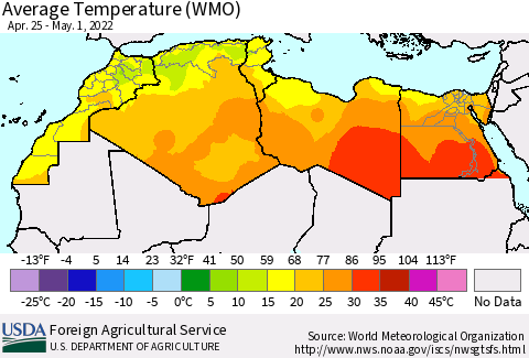 North Africa Average Temperature (WMO) Thematic Map For 4/25/2022 - 5/1/2022