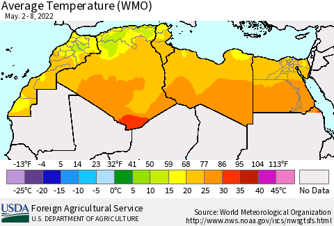 North Africa Average Temperature (WMO) Thematic Map For 5/2/2022 - 5/8/2022
