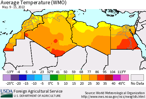 North Africa Average Temperature (WMO) Thematic Map For 5/9/2022 - 5/15/2022