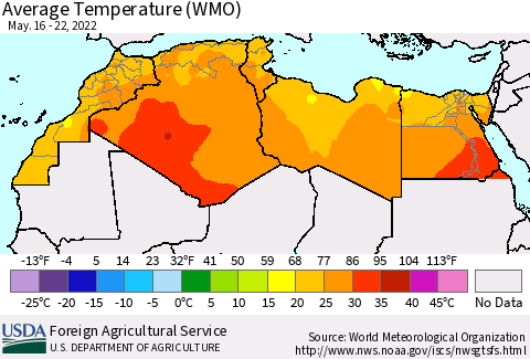 North Africa Average Temperature (WMO) Thematic Map For 5/16/2022 - 5/22/2022