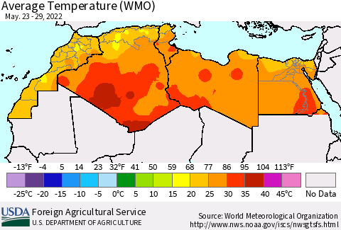 North Africa Average Temperature (WMO) Thematic Map For 5/23/2022 - 5/29/2022