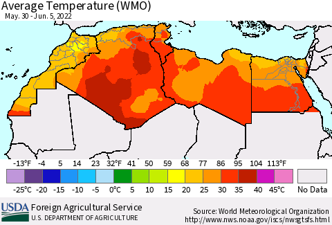 North Africa Average Temperature (WMO) Thematic Map For 5/30/2022 - 6/5/2022