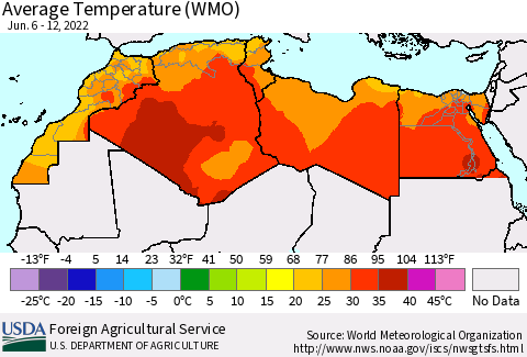 North Africa Average Temperature (WMO) Thematic Map For 6/6/2022 - 6/12/2022