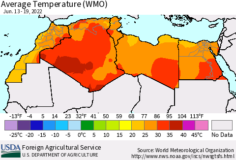 North Africa Average Temperature (WMO) Thematic Map For 6/13/2022 - 6/19/2022