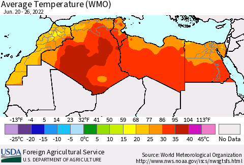 North Africa Average Temperature (WMO) Thematic Map For 6/20/2022 - 6/26/2022