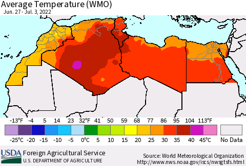 North Africa Average Temperature (WMO) Thematic Map For 6/27/2022 - 7/3/2022