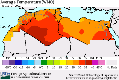 North Africa Average Temperature (WMO) Thematic Map For 7/11/2022 - 7/17/2022