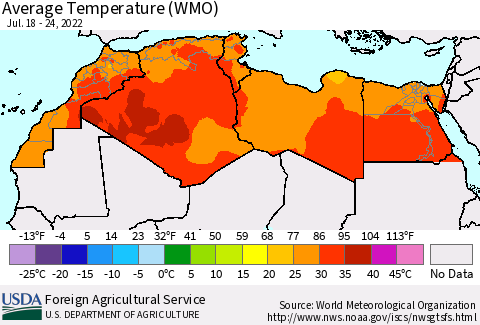 North Africa Average Temperature (WMO) Thematic Map For 7/18/2022 - 7/24/2022