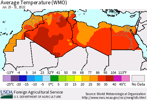 North Africa Average Temperature (WMO) Thematic Map For 7/25/2022 - 7/31/2022