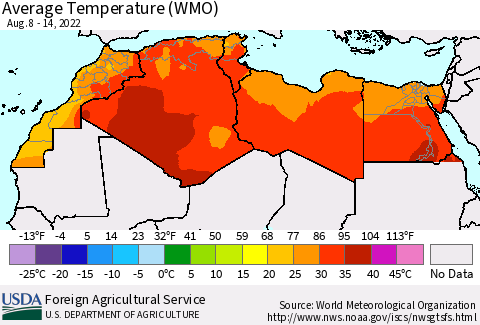 North Africa Average Temperature (WMO) Thematic Map For 8/8/2022 - 8/14/2022