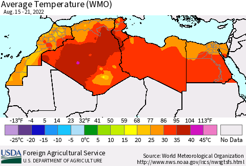 North Africa Average Temperature (WMO) Thematic Map For 8/15/2022 - 8/21/2022