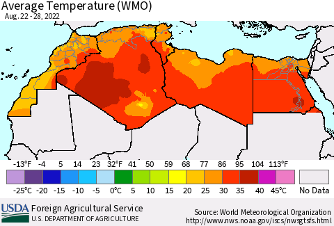 North Africa Average Temperature (WMO) Thematic Map For 8/22/2022 - 8/28/2022