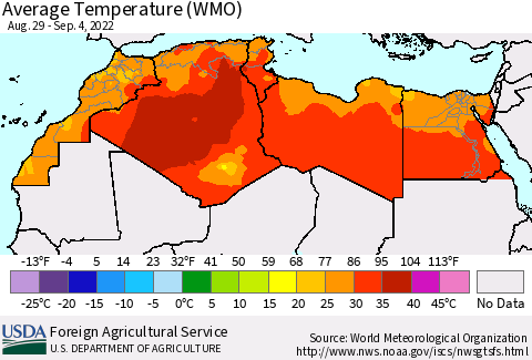 North Africa Average Temperature (WMO) Thematic Map For 8/29/2022 - 9/4/2022