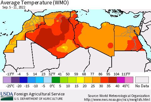 North Africa Average Temperature (WMO) Thematic Map For 9/5/2022 - 9/11/2022