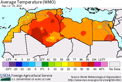 North Africa Average Temperature (WMO) Thematic Map For 9/12/2022 - 9/18/2022