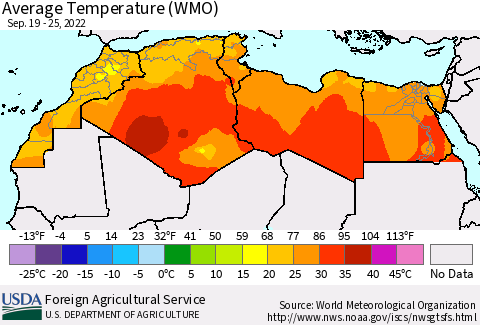 North Africa Average Temperature (WMO) Thematic Map For 9/19/2022 - 9/25/2022