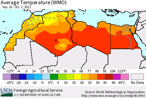 North Africa Average Temperature (WMO) Thematic Map For 9/26/2022 - 10/2/2022