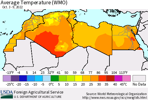 North Africa Average Temperature (WMO) Thematic Map For 10/3/2022 - 10/9/2022