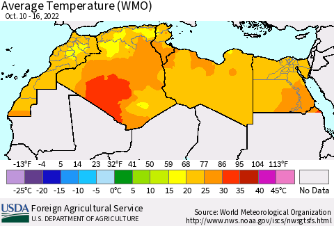North Africa Average Temperature (WMO) Thematic Map For 10/10/2022 - 10/16/2022