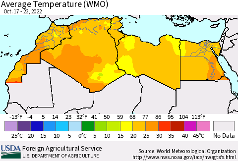 North Africa Average Temperature (WMO) Thematic Map For 10/17/2022 - 10/23/2022