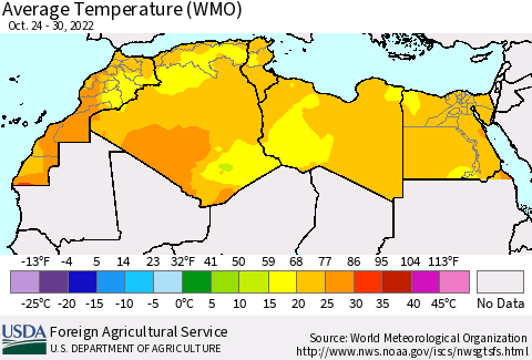 North Africa Average Temperature (WMO) Thematic Map For 10/24/2022 - 10/30/2022