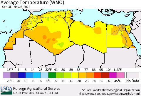 North Africa Average Temperature (WMO) Thematic Map For 10/31/2022 - 11/6/2022