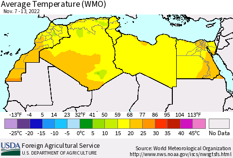 North Africa Average Temperature (WMO) Thematic Map For 11/7/2022 - 11/13/2022
