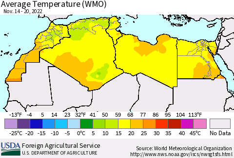 North Africa Average Temperature (WMO) Thematic Map For 11/14/2022 - 11/20/2022
