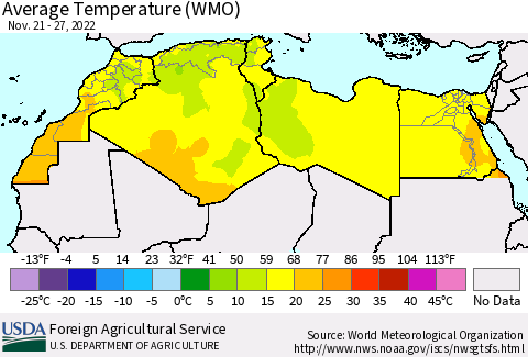 North Africa Average Temperature (WMO) Thematic Map For 11/21/2022 - 11/27/2022
