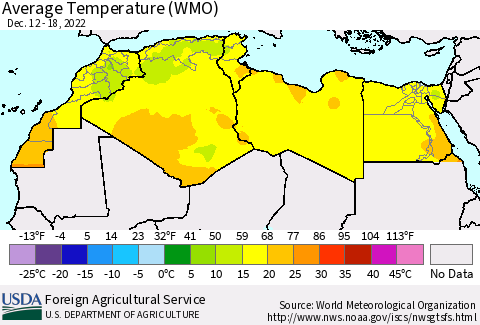 North Africa Average Temperature (WMO) Thematic Map For 12/12/2022 - 12/18/2022