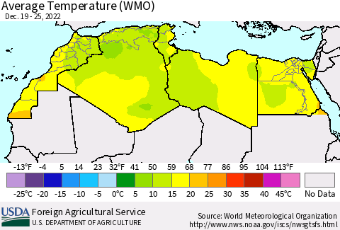 North Africa Average Temperature (WMO) Thematic Map For 12/19/2022 - 12/25/2022