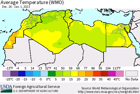 North Africa Average Temperature (WMO) Thematic Map For 12/26/2022 - 1/1/2023