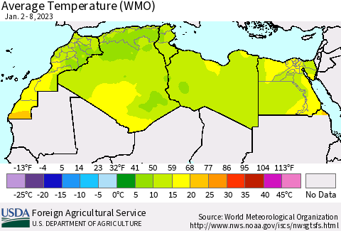 North Africa Average Temperature (WMO) Thematic Map For 1/2/2023 - 1/8/2023