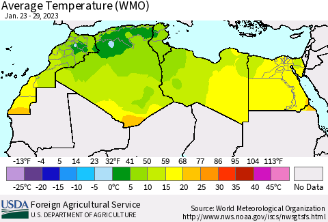 North Africa Average Temperature (WMO) Thematic Map For 1/23/2023 - 1/29/2023