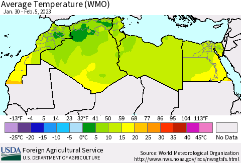 North Africa Average Temperature (WMO) Thematic Map For 1/30/2023 - 2/5/2023