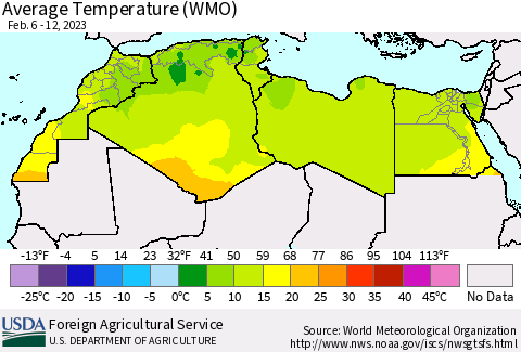 North Africa Average Temperature (WMO) Thematic Map For 2/6/2023 - 2/12/2023