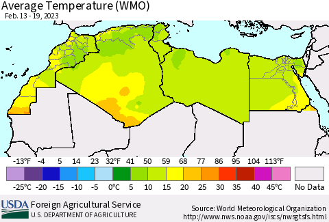 North Africa Average Temperature (WMO) Thematic Map For 2/13/2023 - 2/19/2023