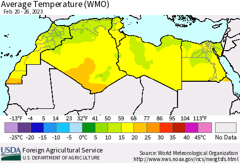 North Africa Average Temperature (WMO) Thematic Map For 2/20/2023 - 2/26/2023