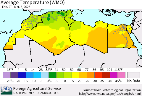 North Africa Average Temperature (WMO) Thematic Map For 2/27/2023 - 3/5/2023