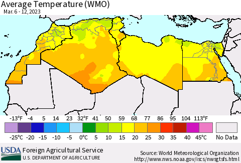 North Africa Average Temperature (WMO) Thematic Map For 3/6/2023 - 3/12/2023